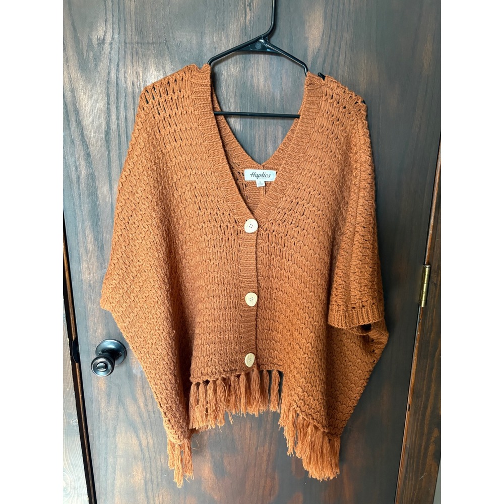 Haptics Holly Harper Brown Open Knit Fringe Poncho Cardigan Sweater Small NWT